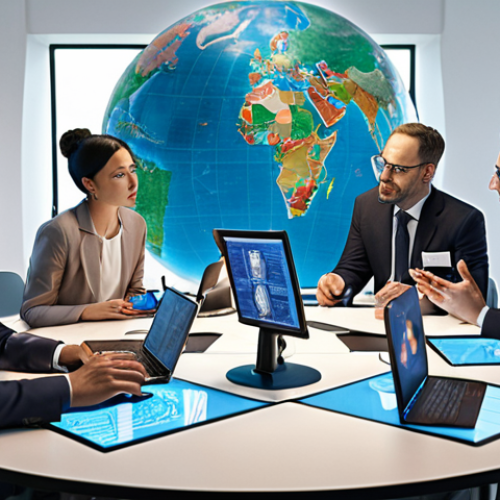 Home 11 **
International Cooperation Scene: Diverse group of experts collaborating on technology, possibly with digital interfaces, globes, or interconnected networks in the background. Focus on problem-solving and innovation.
**