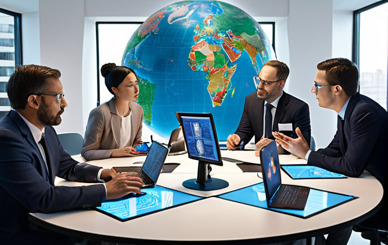 **
International Cooperation Scene: Diverse group of experts collaborating on technology, possibly with digital interfaces, globes, or interconnected networks in the background. Focus on problem-solving and innovation.
**