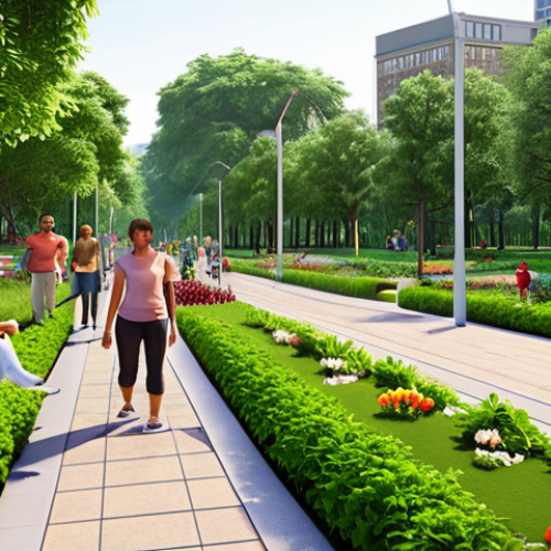 Home 6 **
A lush green park scene in a bustling city. Focus on the integration of nature with urban architecture. Include families enjoying the space, emphasizing the park's role in providing clean air and promoting mental and physical well-being. Elements like trees, flowers, walking paths, and possibly a small community garden should be visible.
**