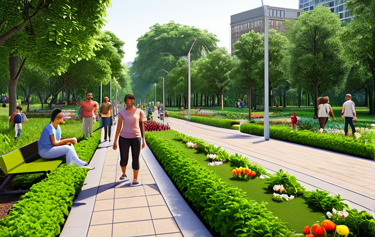 **
A lush green park scene in a bustling city. Focus on the integration of nature with urban architecture. Include families enjoying the space, emphasizing the park's role in providing clean air and promoting mental and physical well-being. Elements like trees, flowers, walking paths, and possibly a small community garden should be visible.
**