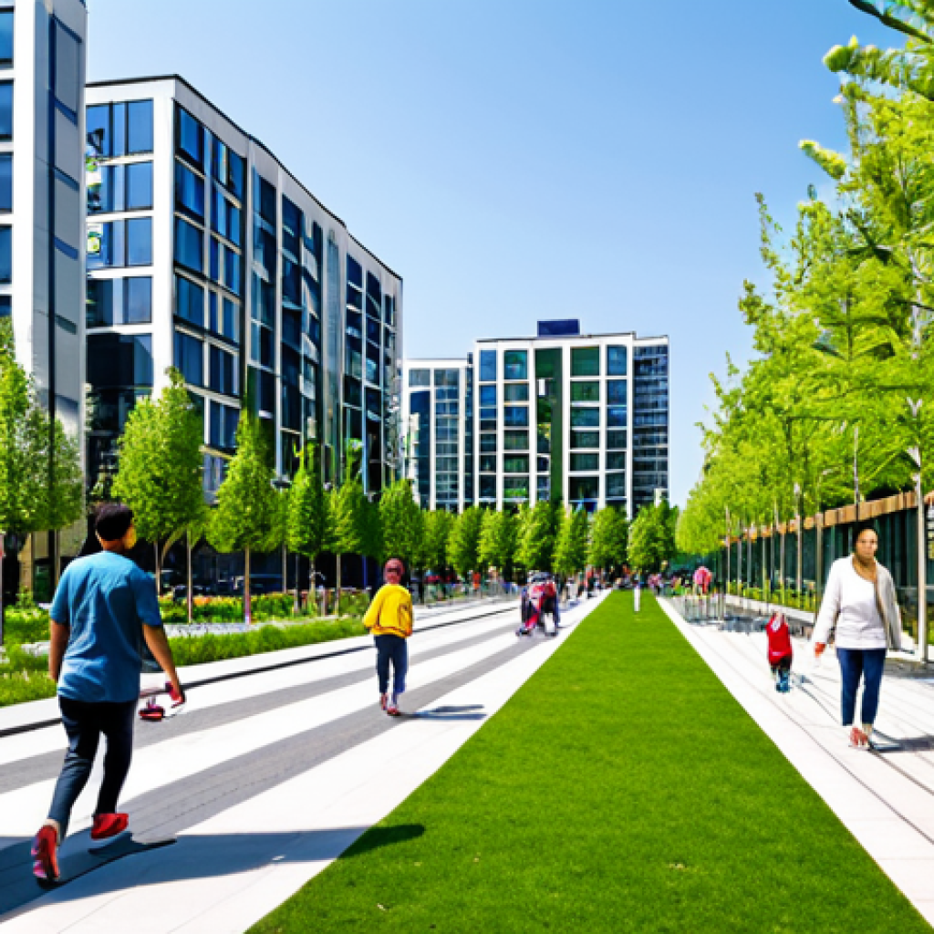 **

A vibrant cityscape showcasing a modern urban park filled with lush greenery and tall trees.  Families are enjoying a sunny day: children are playing, people are jogging on well-maintained paths, and others are relaxing on park benches.  In the background, modern buildings are visible with some featuring vertical gardens on their facades.  Solar panels are subtly integrated into the rooftops of buildings.  The overall scene promotes a sense of community and environmental awareness.  All individuals are fully clothed in modest, appropriate attire.  Capture with perfect anatomy, correct proportions, and a natural pose. High-resolution, professional photography, safe for work, appropriate content, fully clothed, professional, modest, family-friendly.

**