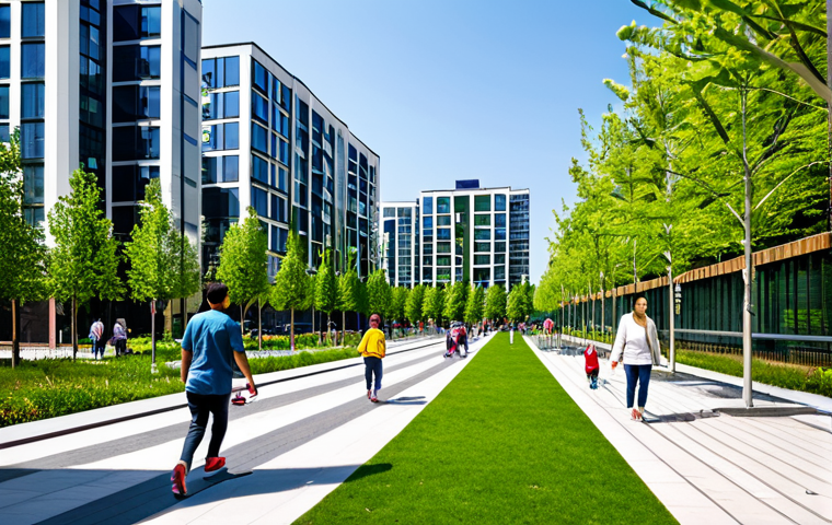 **

A vibrant cityscape showcasing a modern urban park filled with lush greenery and tall trees.  Families are enjoying a sunny day: children are playing, people are jogging on well-maintained paths, and others are relaxing on park benches.  In the background, modern buildings are visible with some featuring vertical gardens on their facades.  Solar panels are subtly integrated into the rooftops of buildings.  The overall scene promotes a sense of community and environmental awareness.  All individuals are fully clothed in modest, appropriate attire.  Capture with perfect anatomy, correct proportions, and a natural pose. High-resolution, professional photography, safe for work, appropriate content, fully clothed, professional, modest, family-friendly.

**
