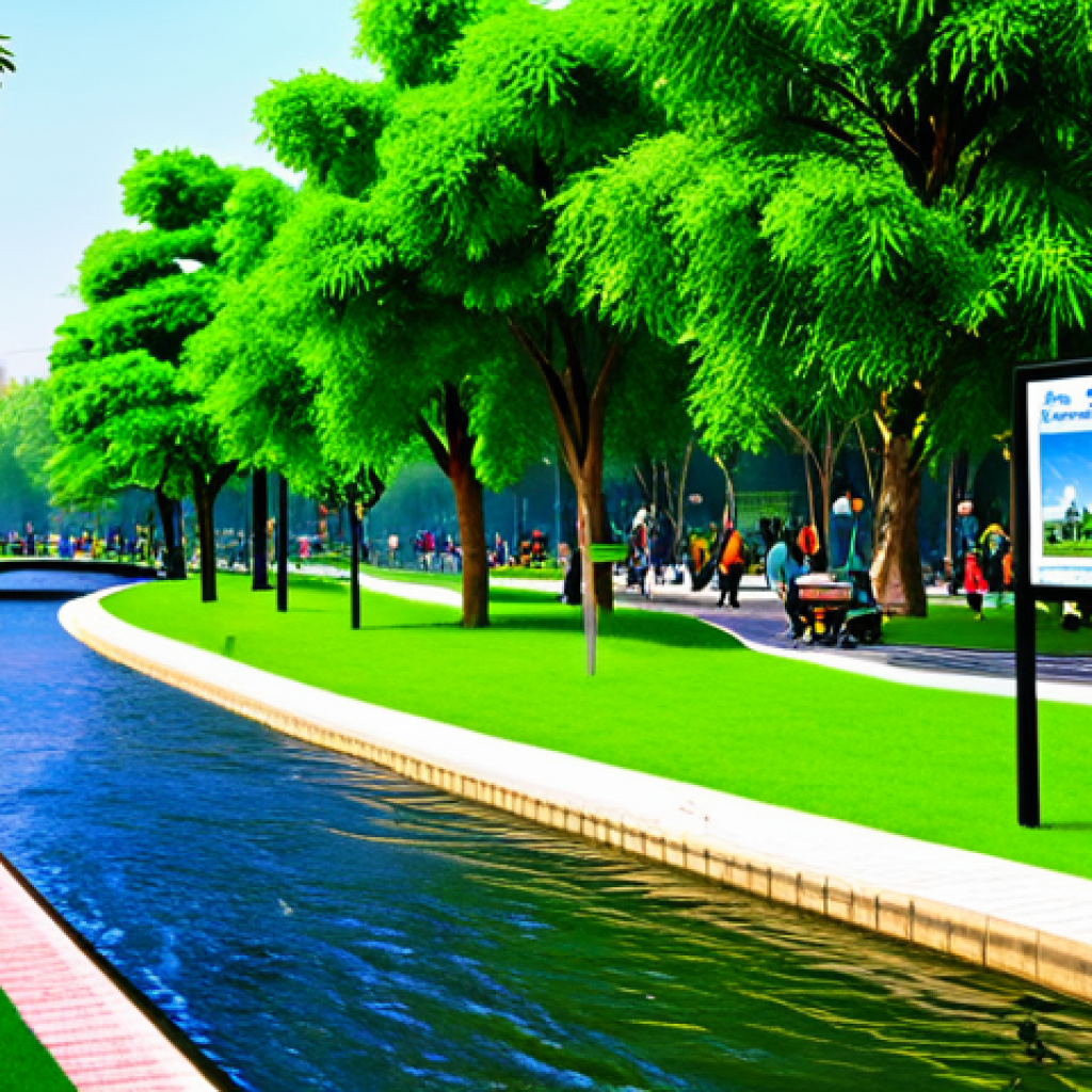 "A vibrant urban park with lush greenery, trees, and families enjoying recreational activities.  A clean river flows through the park, reflecting the surrounding buildings.  Focus on environmental awareness signage in Urdu.  Safe for work, appropriate content, fully clothed, professional, natural proportions, high quality."