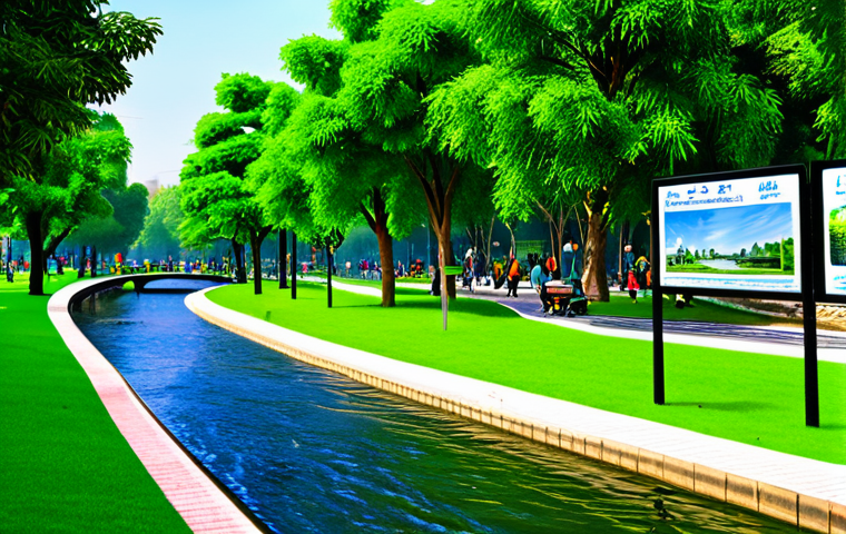 "A vibrant urban park with lush greenery, trees, and families enjoying recreational activities.  A clean river flows through the park, reflecting the surrounding buildings.  Focus on environmental awareness signage in Urdu.  Safe for work, appropriate content, fully clothed, professional, natural proportions, high quality."