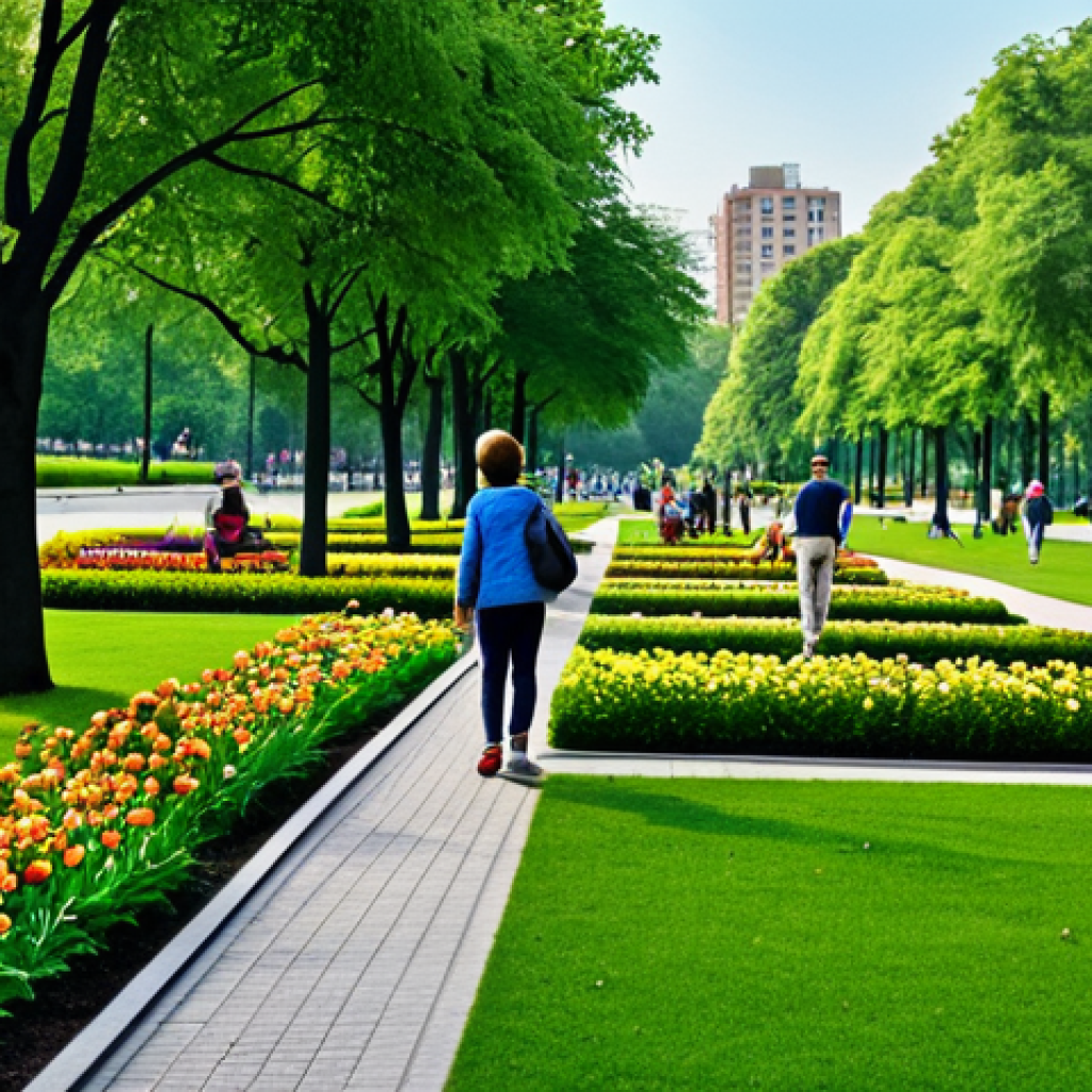 자연을 통한 도시 안전성 향상 - **City Park Scene:** "A family-friendly urban park scene, with fully clothed people enjoying leisure...