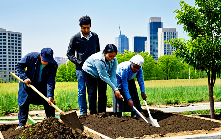 자연을 통한 도시 안전성 향상 - **Green Rooftop Garden:** "A modest apartment building with a vibrant green rooftop garden, fully cl...