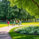 그린 인프라 구축을 통한 자연 연결성 증진 - **Prompt:** "A vibrant, bustling urban park on a sunny afternoon, teeming with diverse people enjoyi...