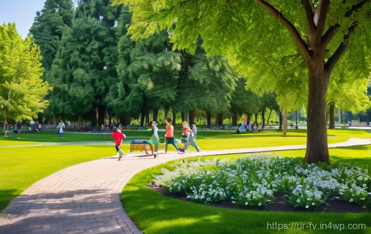 그린 인프라 구축을 통한 자연 연결성 증진 - **Prompt:** "A vibrant, bustling urban park on a sunny afternoon, teeming with diverse people enjoyi...