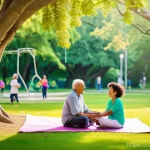 도시 내 녹지 공간 확대의 필요성 - **A Vibrant Urban Oasis for Mental Peace and Community:**
    "A vibrant and tranquil urban park sce...