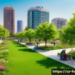 자연 기반 솔루션을 통한 도시 문제 해결하기 - A vibrant urban park scene in a Pakistani city during spring, showcasing a variety of native trees w...