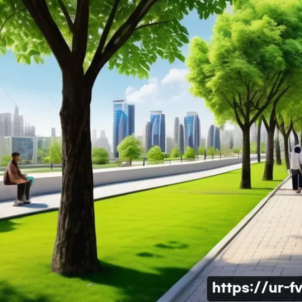 자연 연결성을 위한 도시 리더십의 역할 - A vibrant urban park scene in a modern Pakistani city, showcasing a harmonious blend of lush green t...