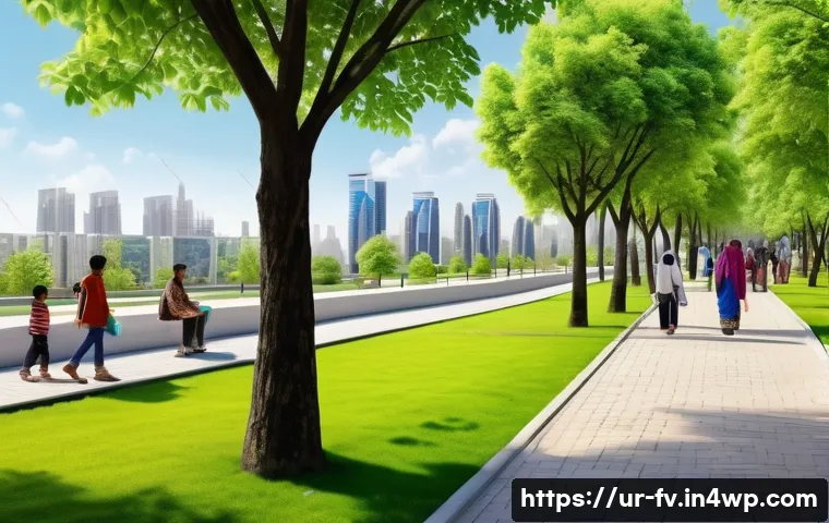 자연 연결성을 위한 도시 리더십의 역할 - A vibrant urban park scene in a modern Pakistani city, showcasing a harmonious blend of lush green t...