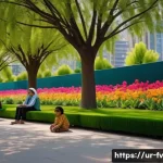 도시 생태학적 접근으로의 전환 - A vibrant urban park in a Pakistani city during springtime, showcasing lush green grass, tall native...