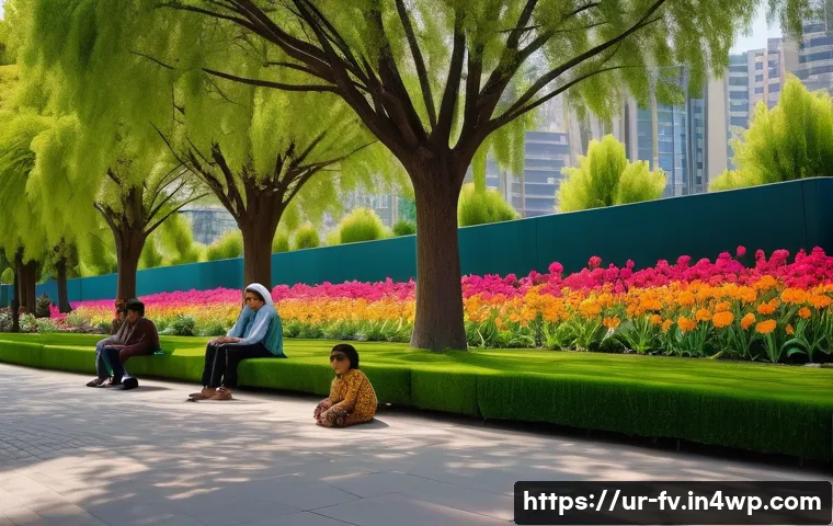 도시 생태학적 접근으로의 전환 - A vibrant urban park in a Pakistani city during springtime, showcasing lush green grass, tall native...