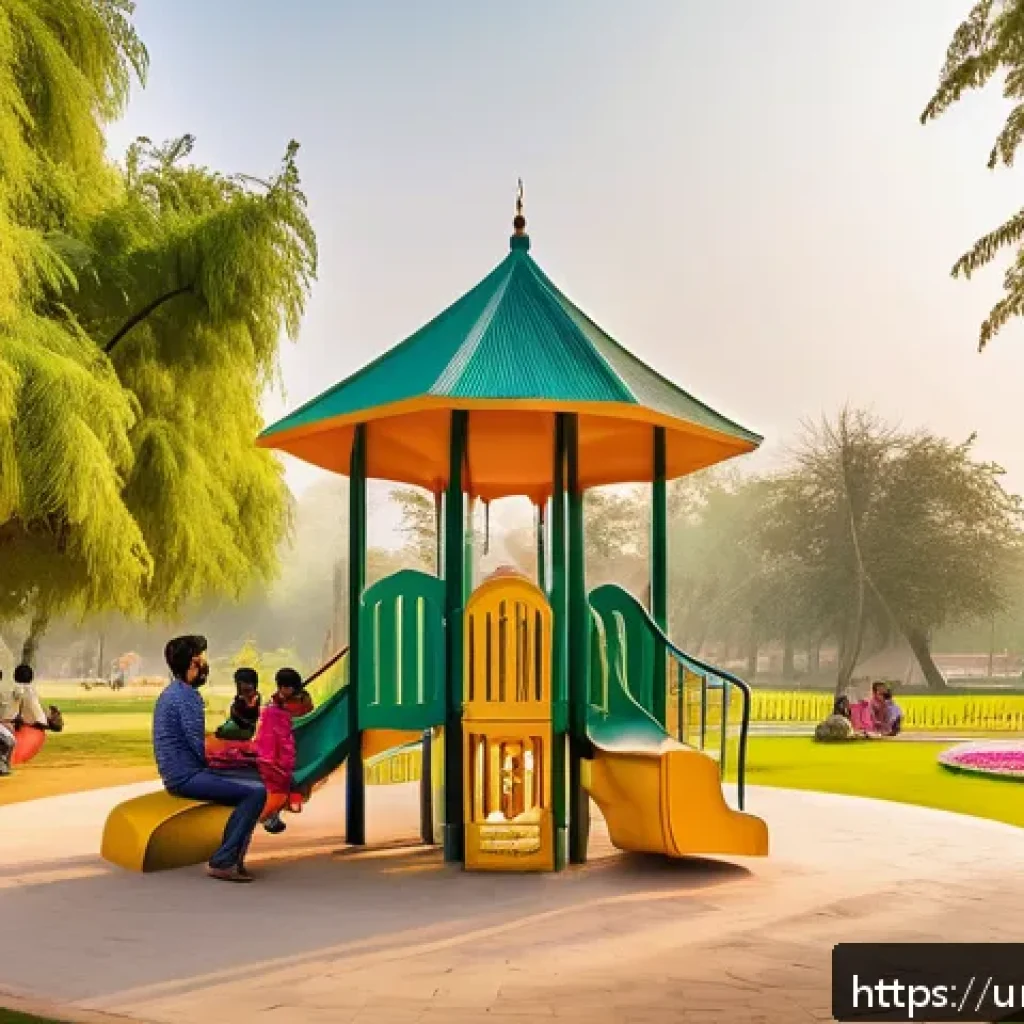 자연 친화적인 도시 개발 전략 - A vibrant urban park scene in Lahore featuring diverse families enjoying a sunny day, children playi...
