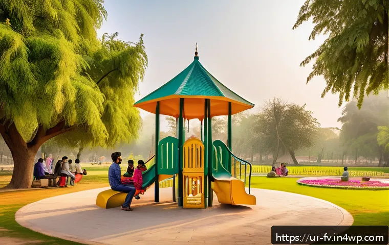 자연 친화적인 도시 개발 전략 - A vibrant urban park scene in Lahore featuring diverse families enjoying a sunny day, children playi...