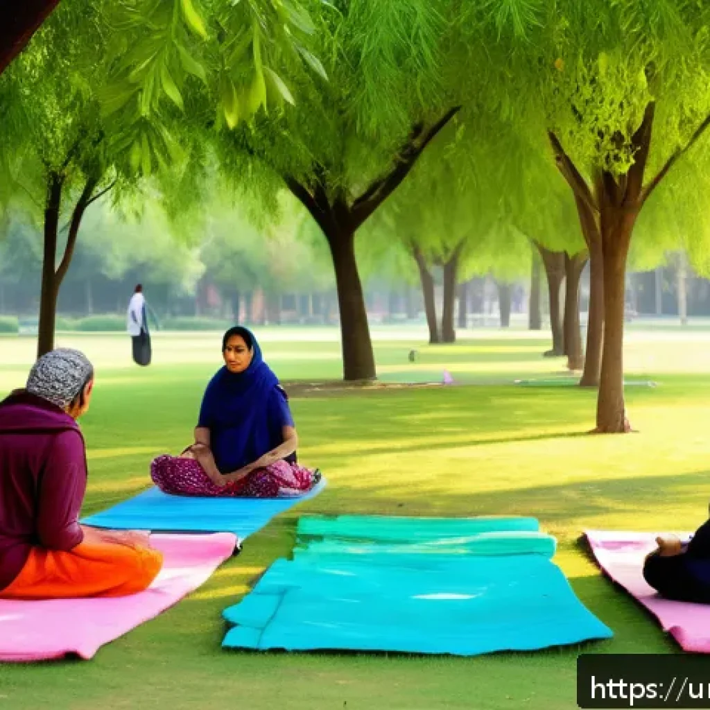 도시 내 녹지 공간의 사회적 가치 - A vibrant urban park scene in a Pakistani city during late afternoon, showing diverse groups of peop...