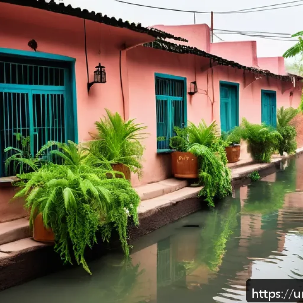 자연과 함께하는 도시의 미래 비전 - A vibrant urban community water management scene in a Pakistani city neighborhood, showing people co...