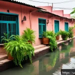 자연과 함께하는 도시의 미래 비전 - A vibrant urban community water management scene in a Pakistani city neighborhood, showing people co...