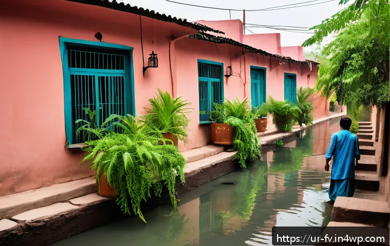 자연과 함께하는 도시의 미래 비전 - A vibrant urban community water management scene in a Pakistani city neighborhood, showing people co...