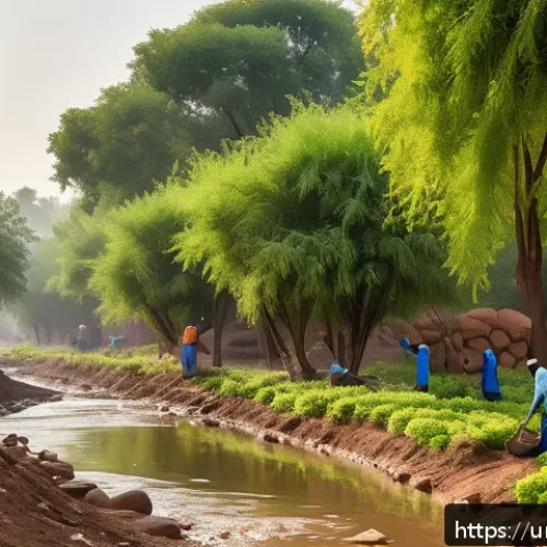 소규모 도시에서의 자연 연결성 증진 전략 - A peaceful small town forest scene in early morning light, showing local community members including...