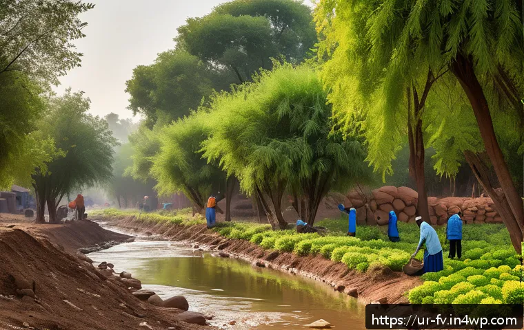소규모 도시에서의 자연 연결성 증진 전략 - A peaceful small town forest scene in early morning light, showing local community members including...