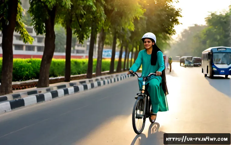 Home 17 도시 환경에서의 지속 가능한 이동 수단 - Photorealistic morning scene in a modern Pakistani city, a young professional wearing modest shalwar...