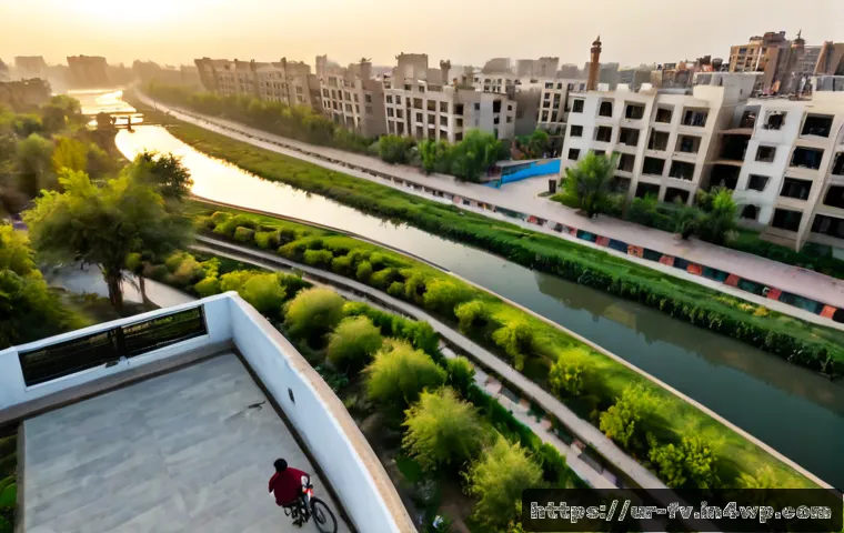 Home 17 지속 가능한 도시 개발을 위한 자연 연결성 - Photorealistic aerial view of a sustainable Pakistani city district at sunrise, a restored urban riv...